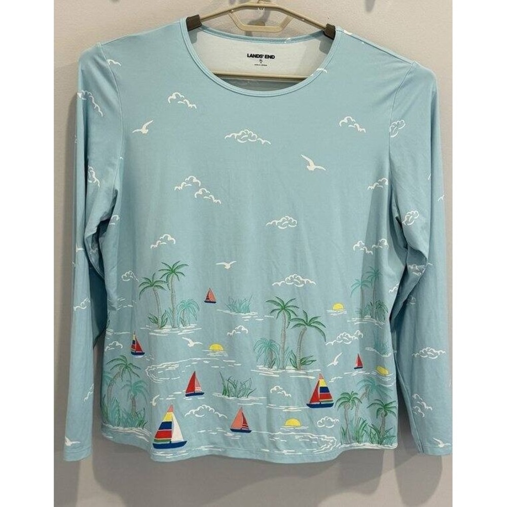 Lands End Womens Rash Guard Long Sleeve Seaside Print Palm Sailboat XL 18